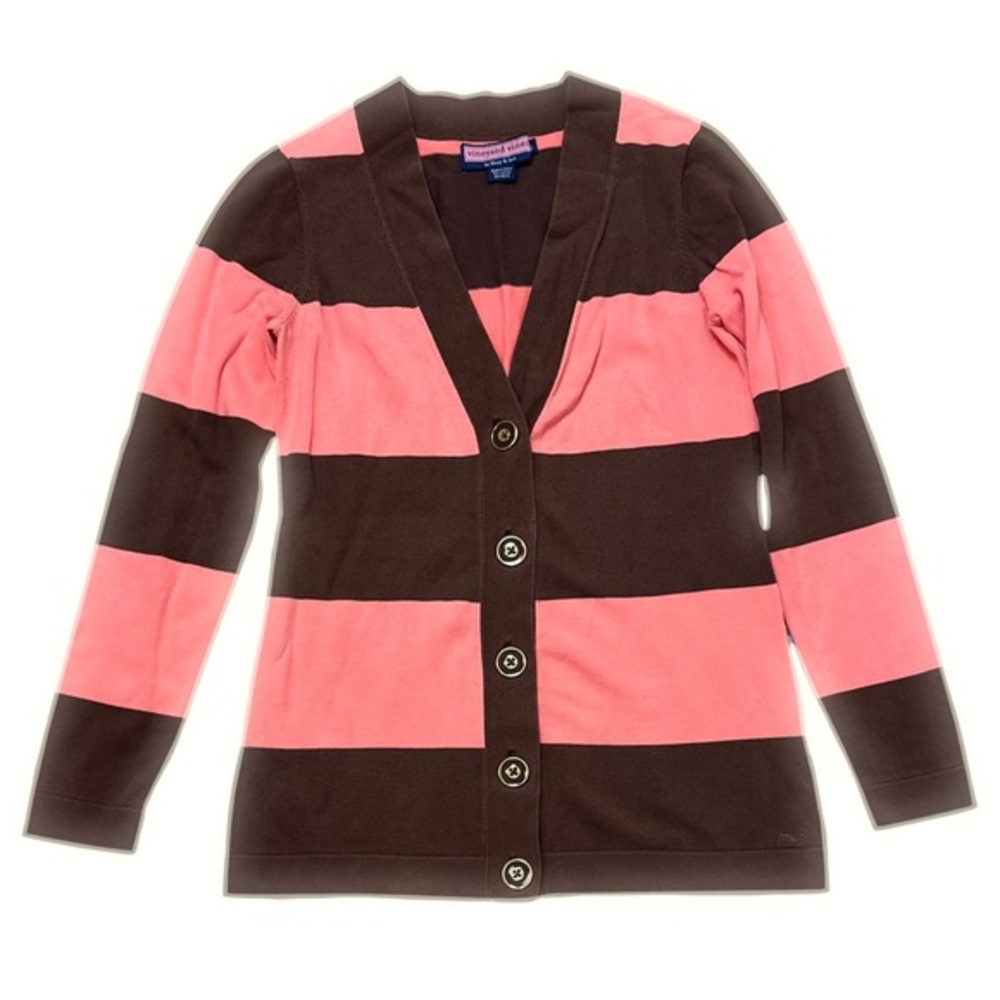 Vineyard‎ Vines Striped V-Neck Button Front Cardigan Pink Brown Womens Small